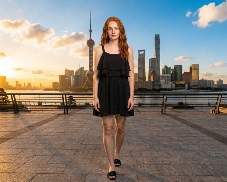 A model in a black dress photographed on the Shanghai waterfront